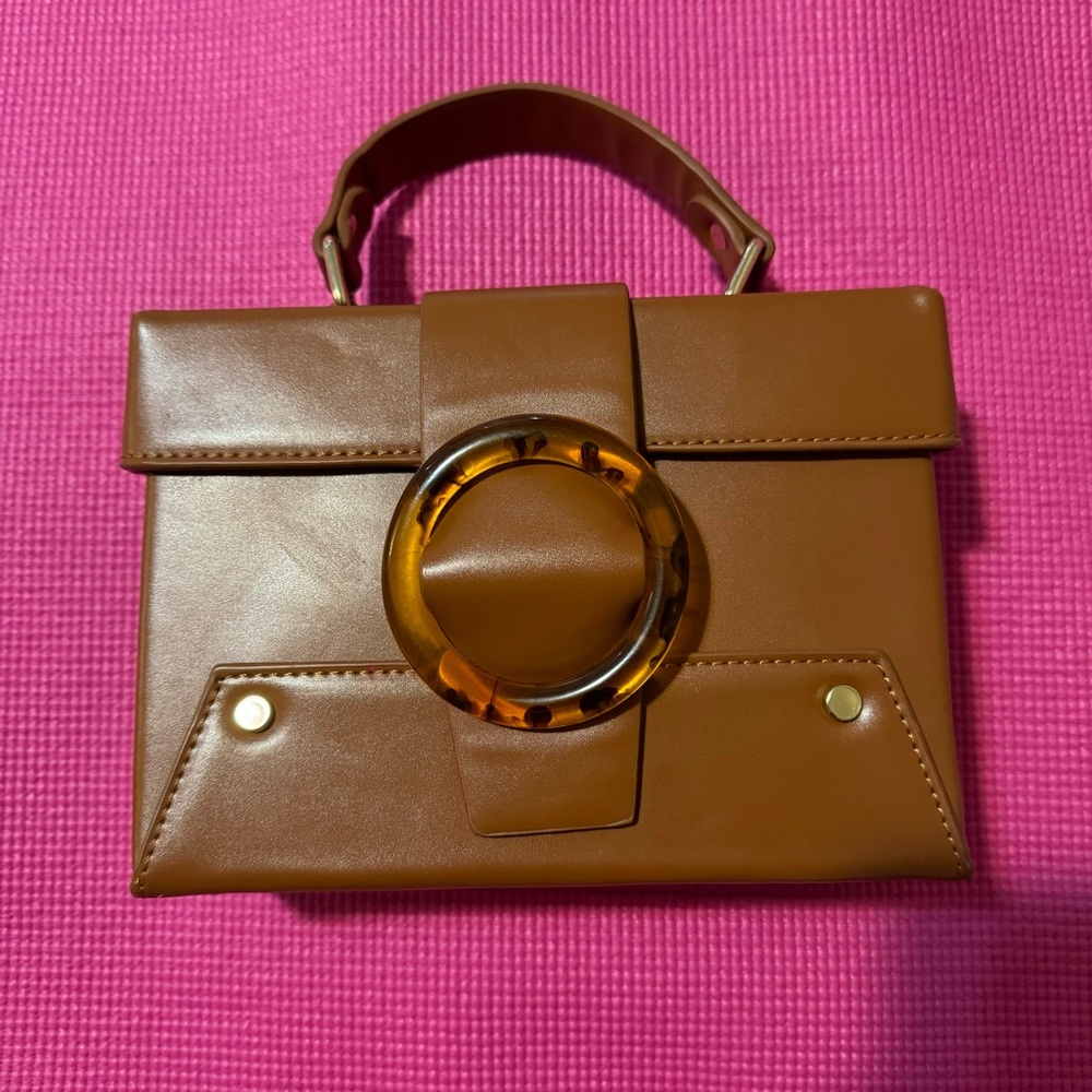 Brown Handbag with Gold Accent and Leopard Print Ring - Picture 2 of 5